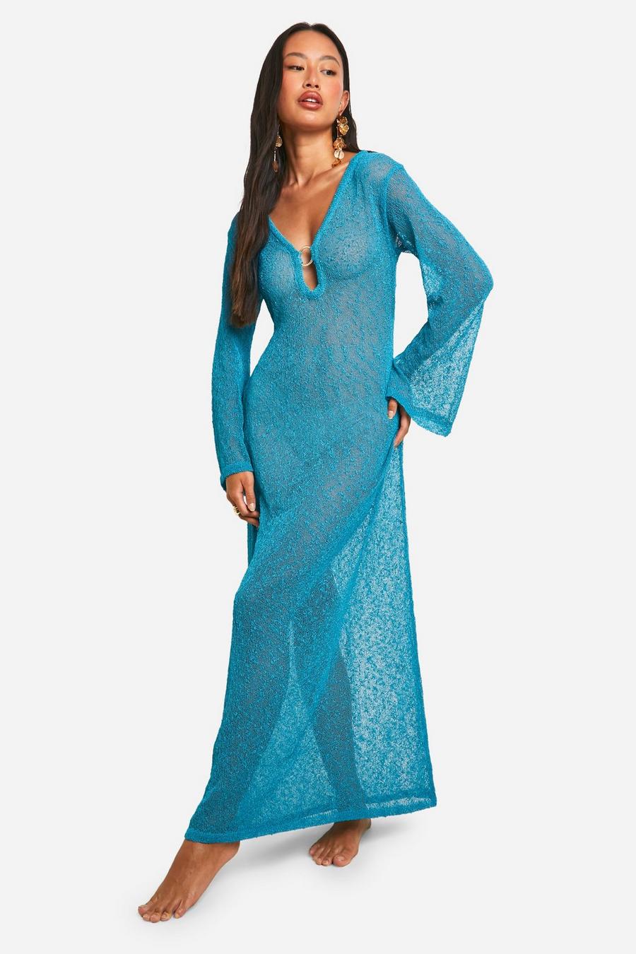 Blue Popcorn Crochet O-ring Beach Cover-up Maxi Dress