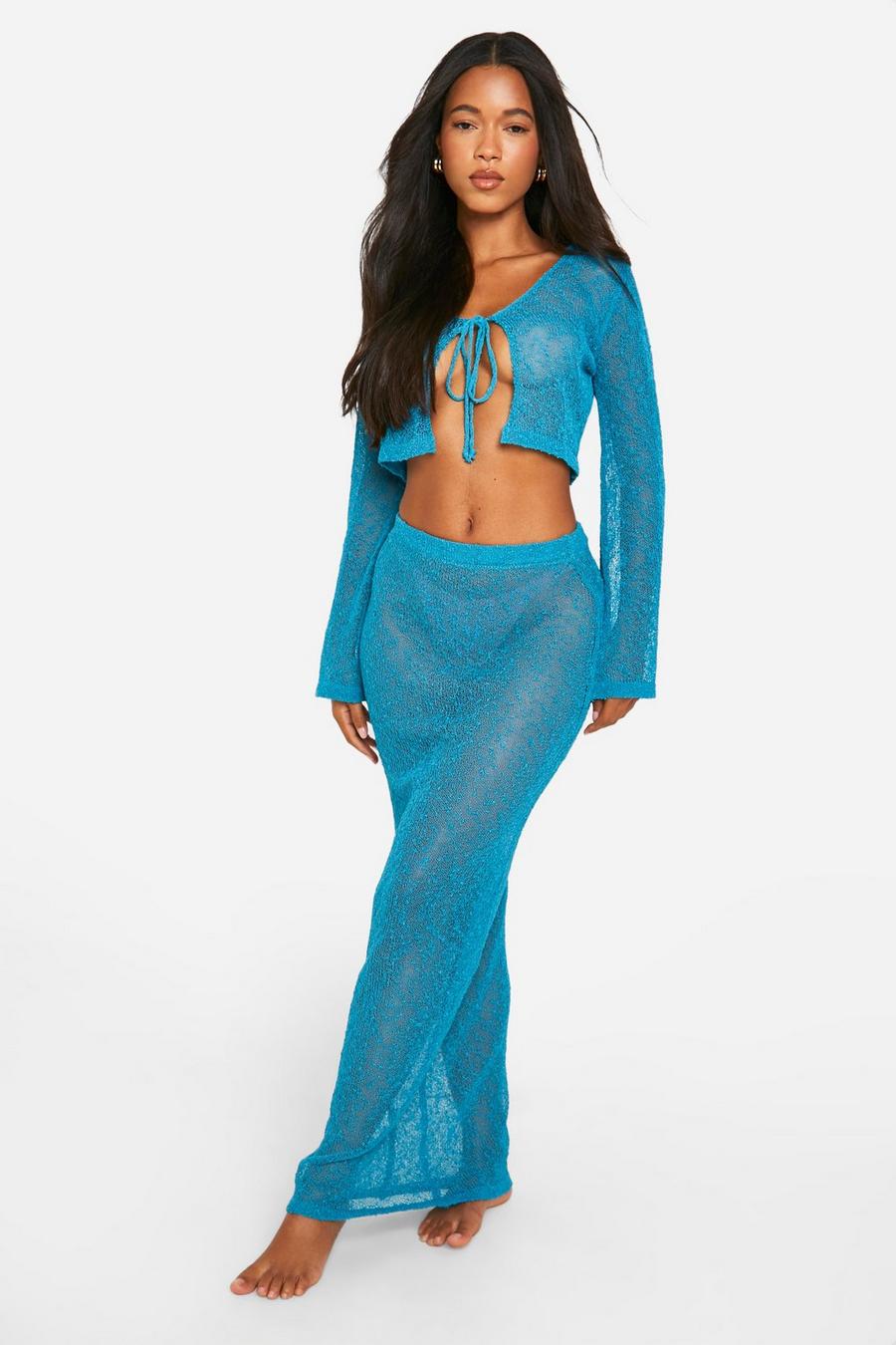 Blue Popcorn Crochet Tie Top & Maxi Skirt Beach Co-ord image number 1