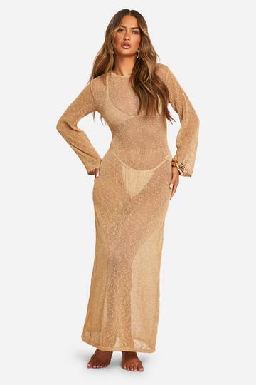 Tan Brown Popcorn Crochet Open Back Beach Maxi Dress