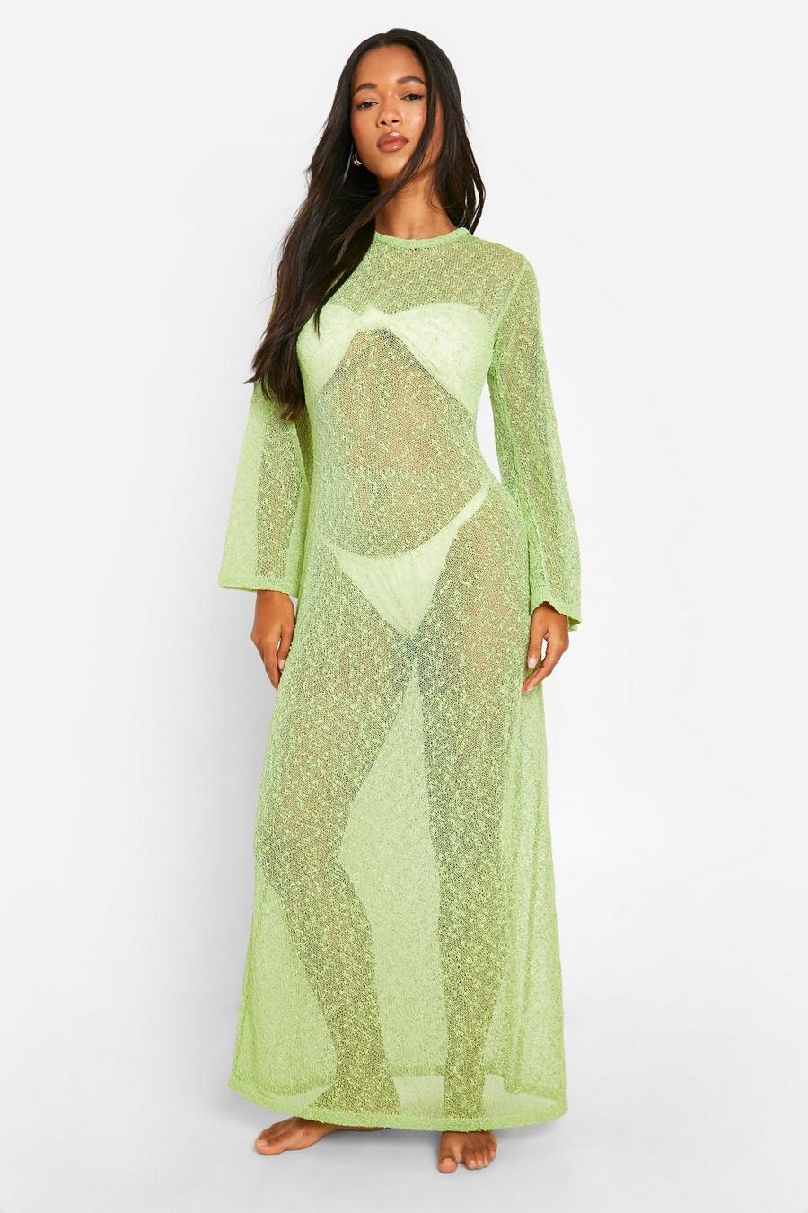 Washed lime Popcorn Crochet Open Back Beach Maxi Dress image number 1
