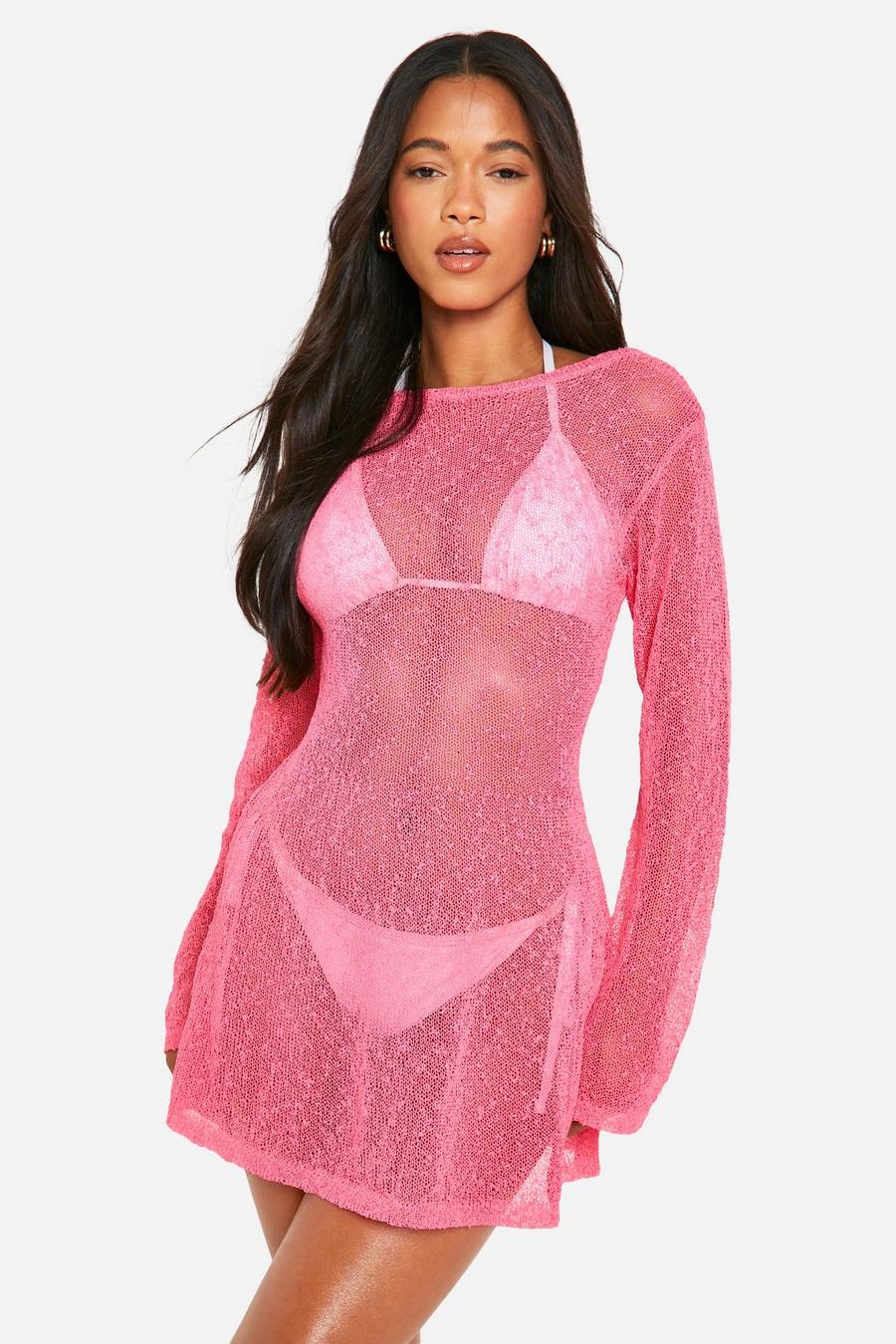 Vestido mini para la playa de croché con espalda abierta, Pink image number 1