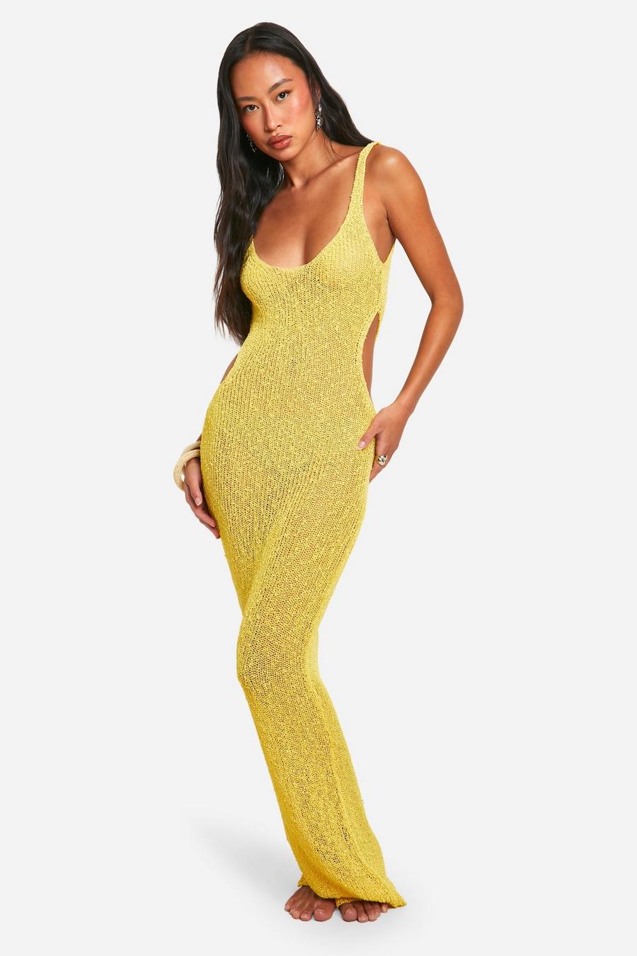 Yellow Popcorn Crochet Cut Out Beach Maxi Dress image number 1