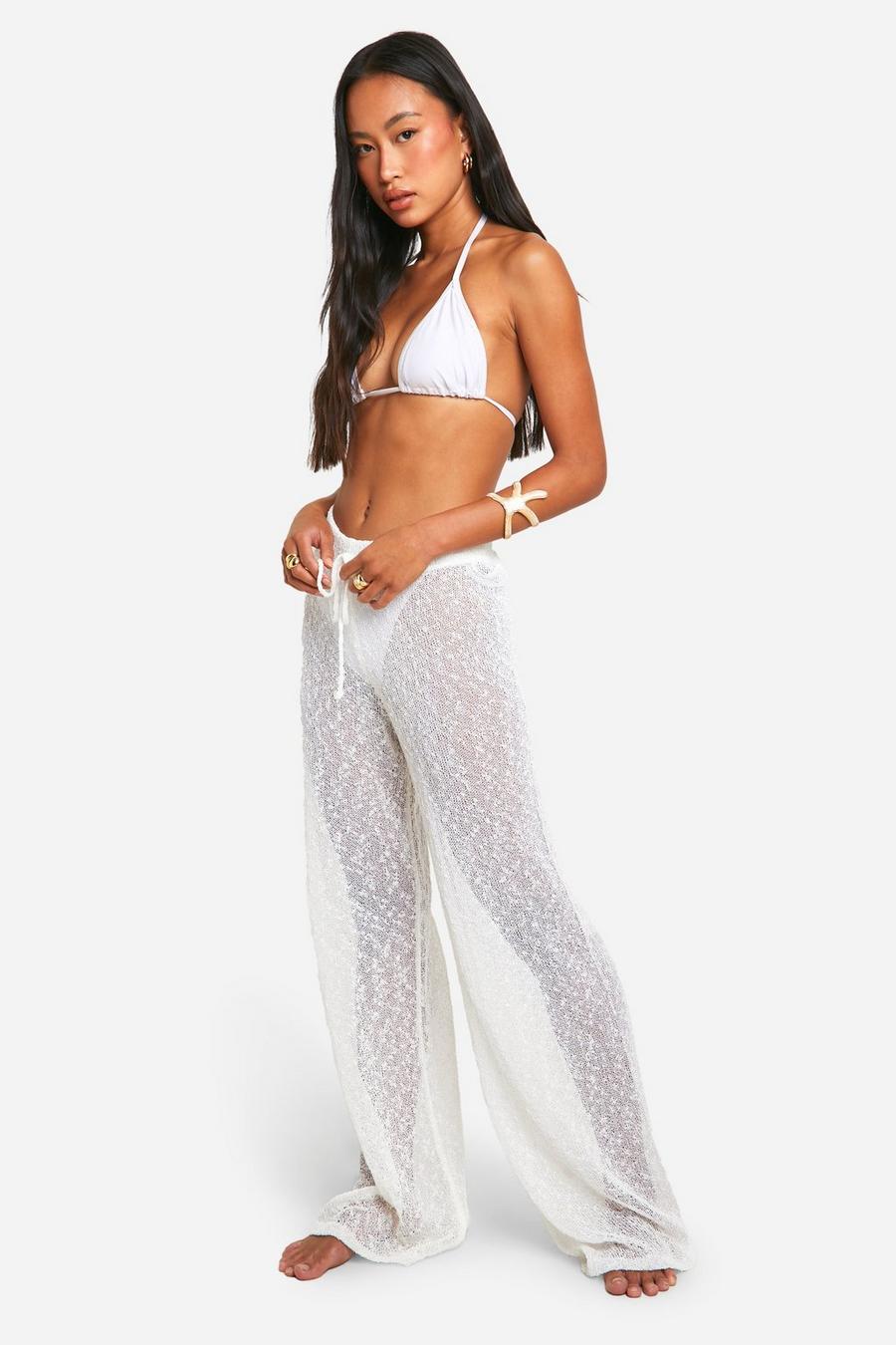 White Popcorn Crochet Beach Trousers image number 1