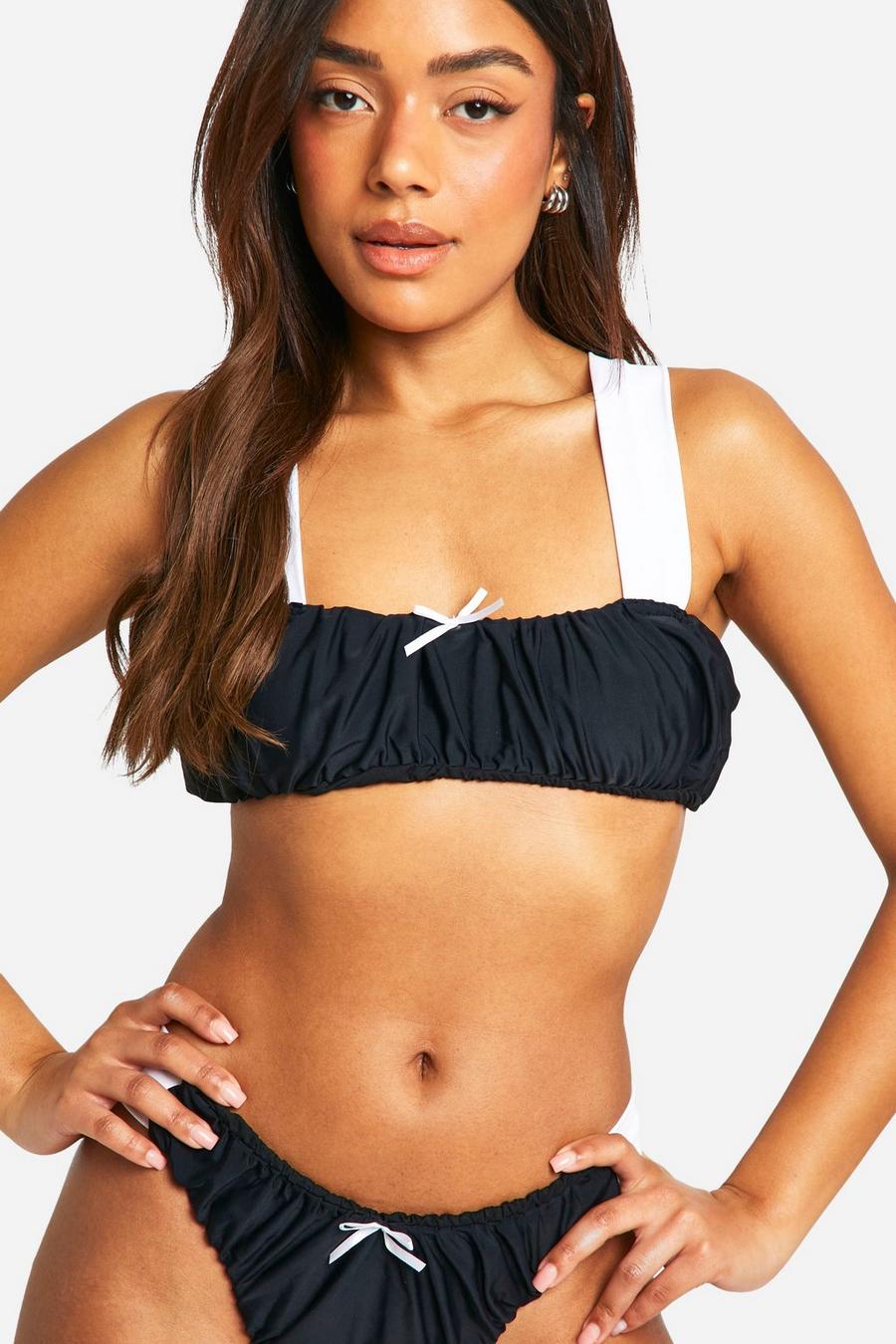 Black Ribbon Bow Ruched Strappy Bikini Top image number 1