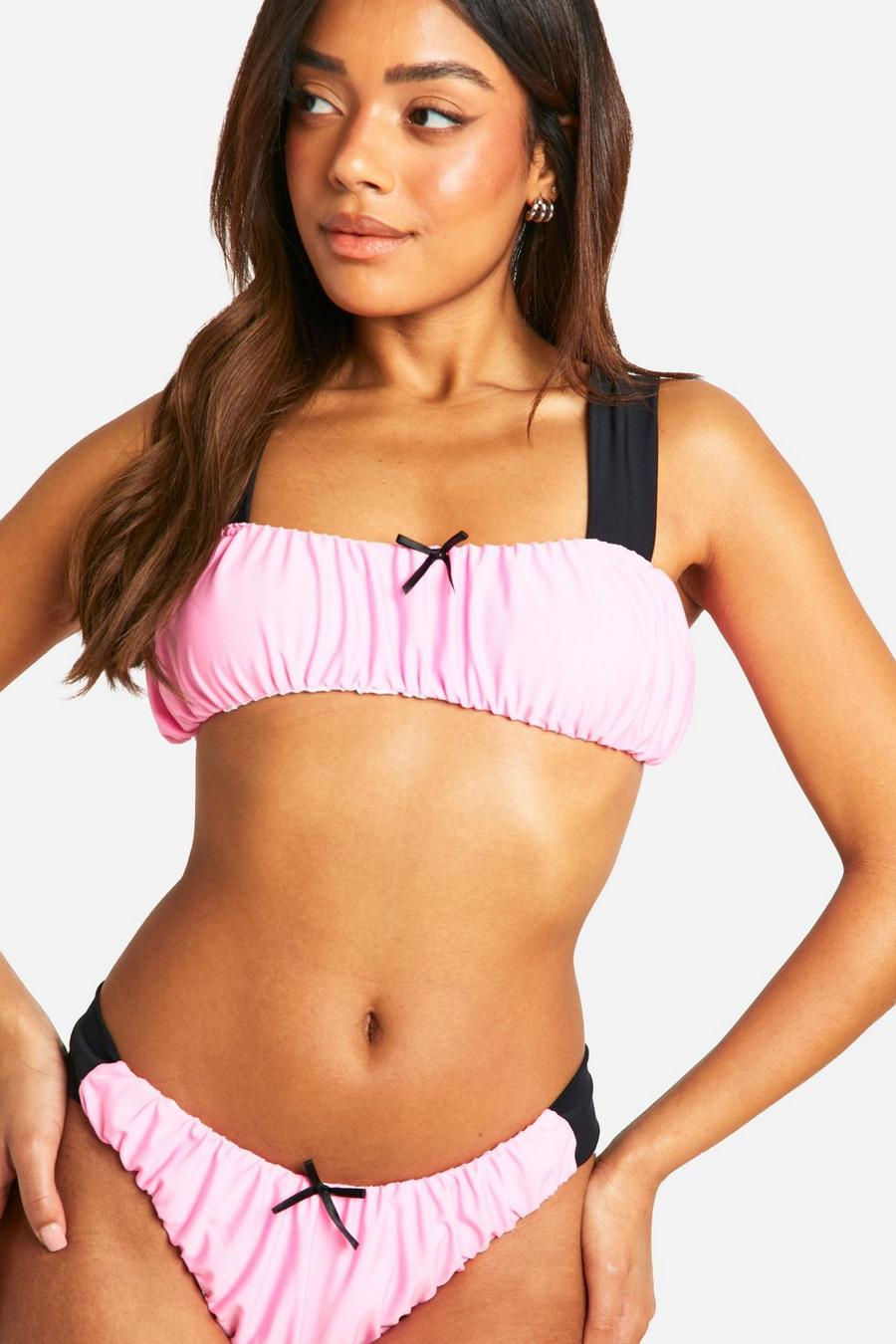 Top bikini con fiocco, spalline e ruches, Baby pink image number 1