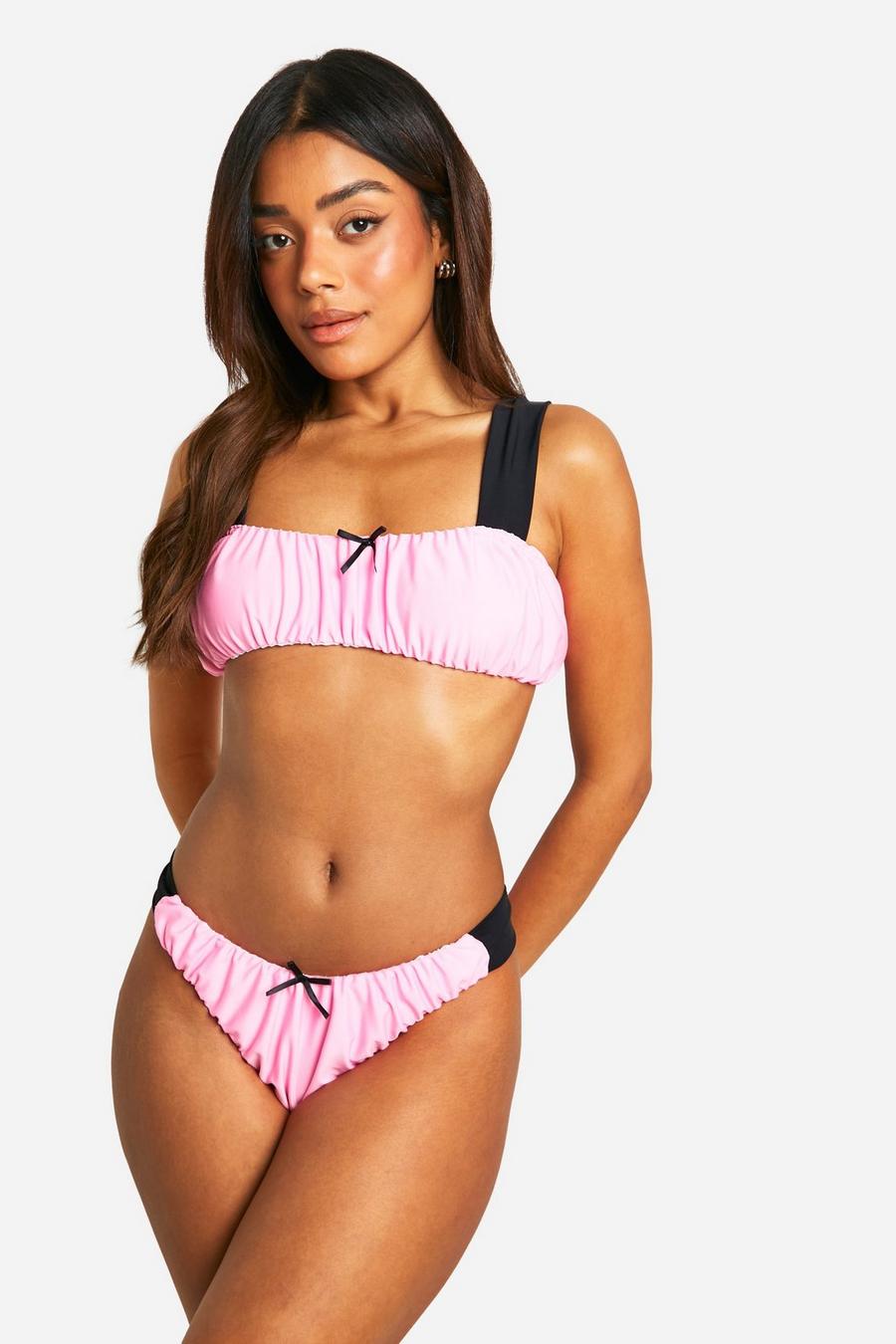 Slip bikini a tanga con ruches a contrasto, Baby pink image number 1