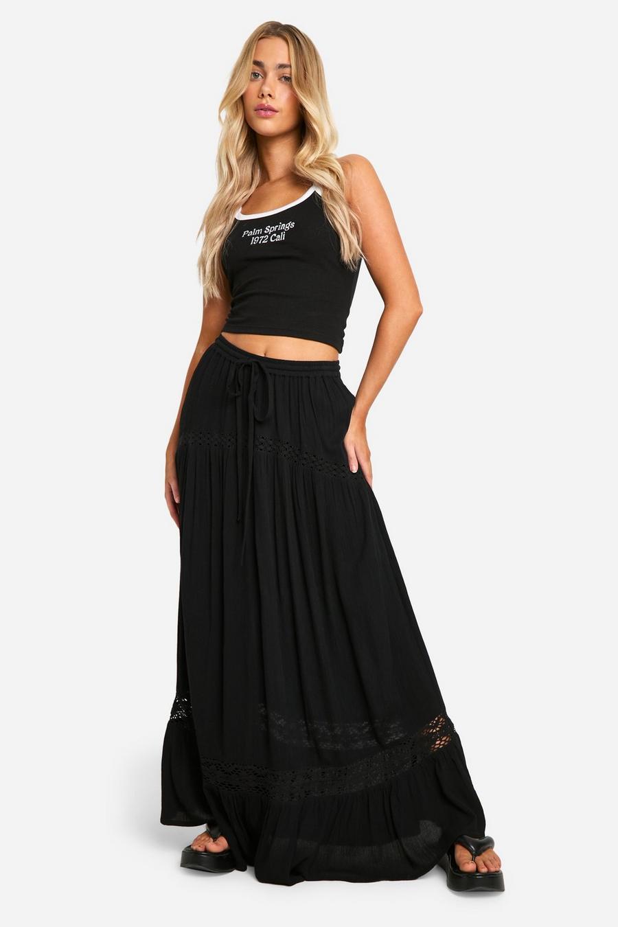 Black Lace Detail Cotton Maxi Skirt