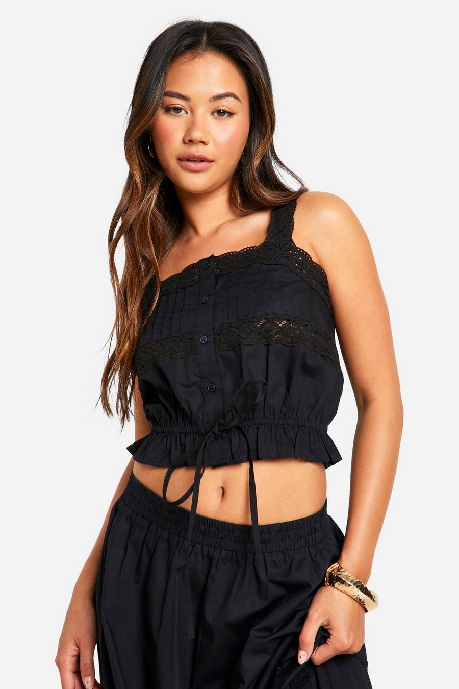 Black Cotton Lace Detail Strappy Crop Top  image number 1