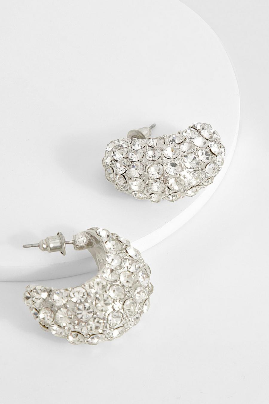 Silver Rhinestone Tear Drop Hoop Earrings 