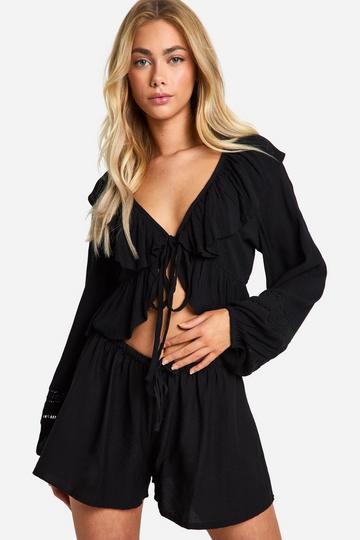 Cotton Lace Detail Ruffle Top black