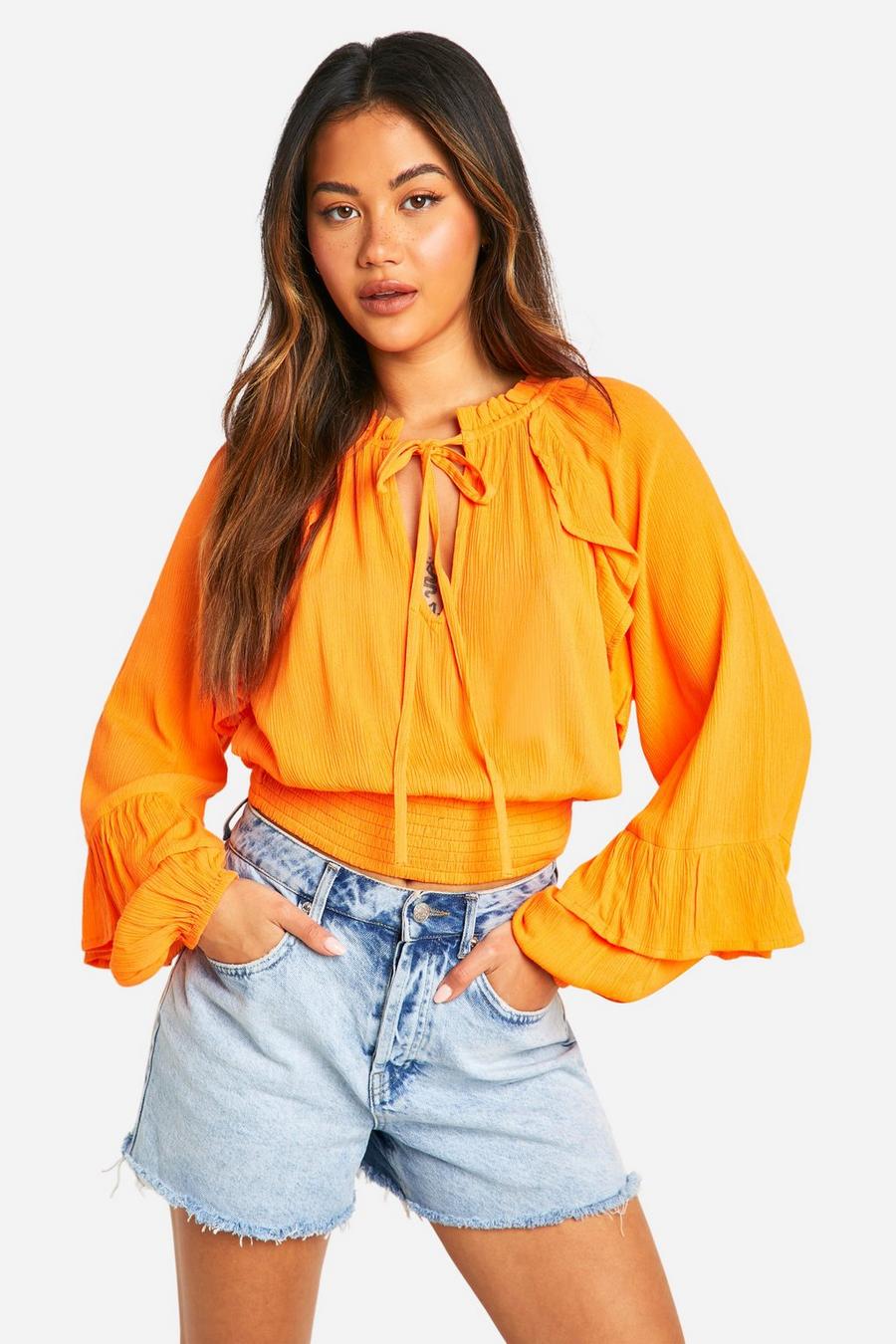 Orange Cotton Ruffle Long Sleeve Top