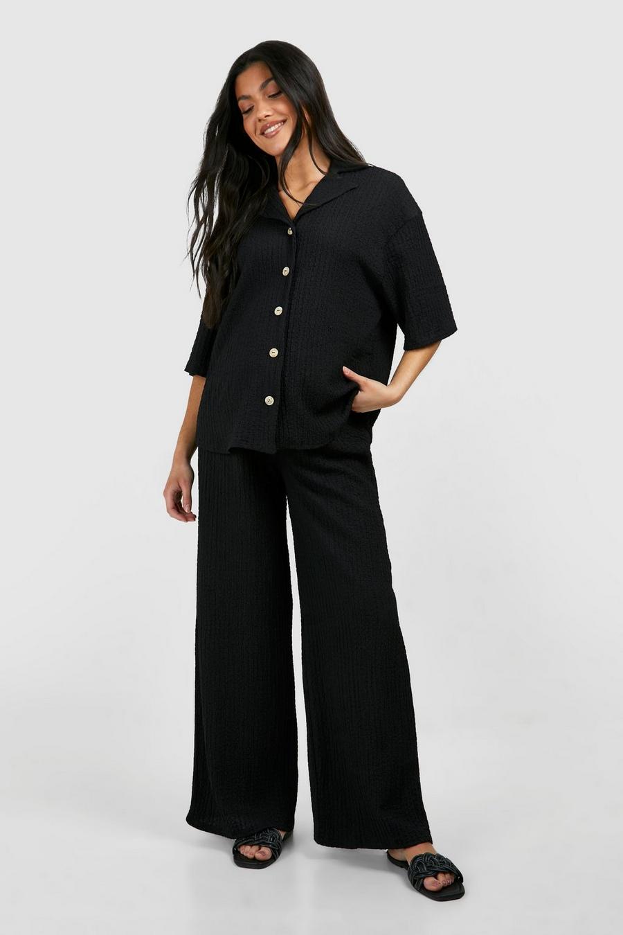 Black Maternity Honeycomb Textured Short Sleeve Pants Two-Piece image number 1