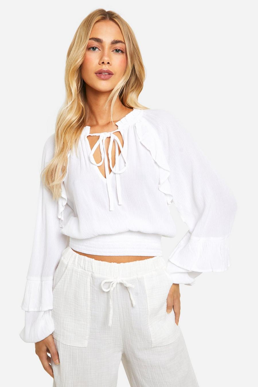 White Cotton Ruffle Long Sleeve Top image number 1