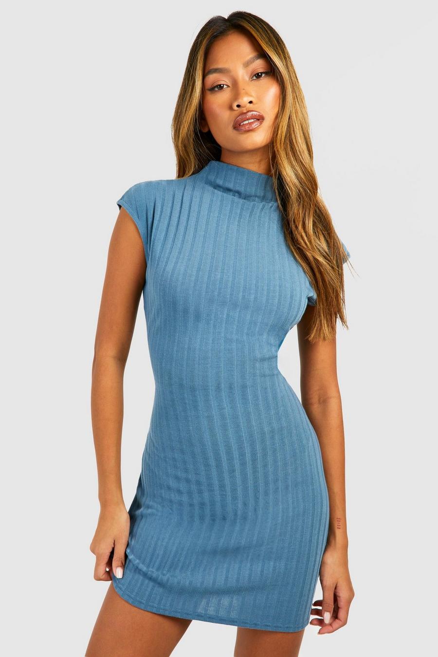 Blue Cap Sleeve Rib Mini Dress