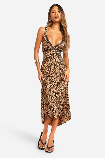 Leopard V Neck Lace Trim Midaxi Slip Dress leopard