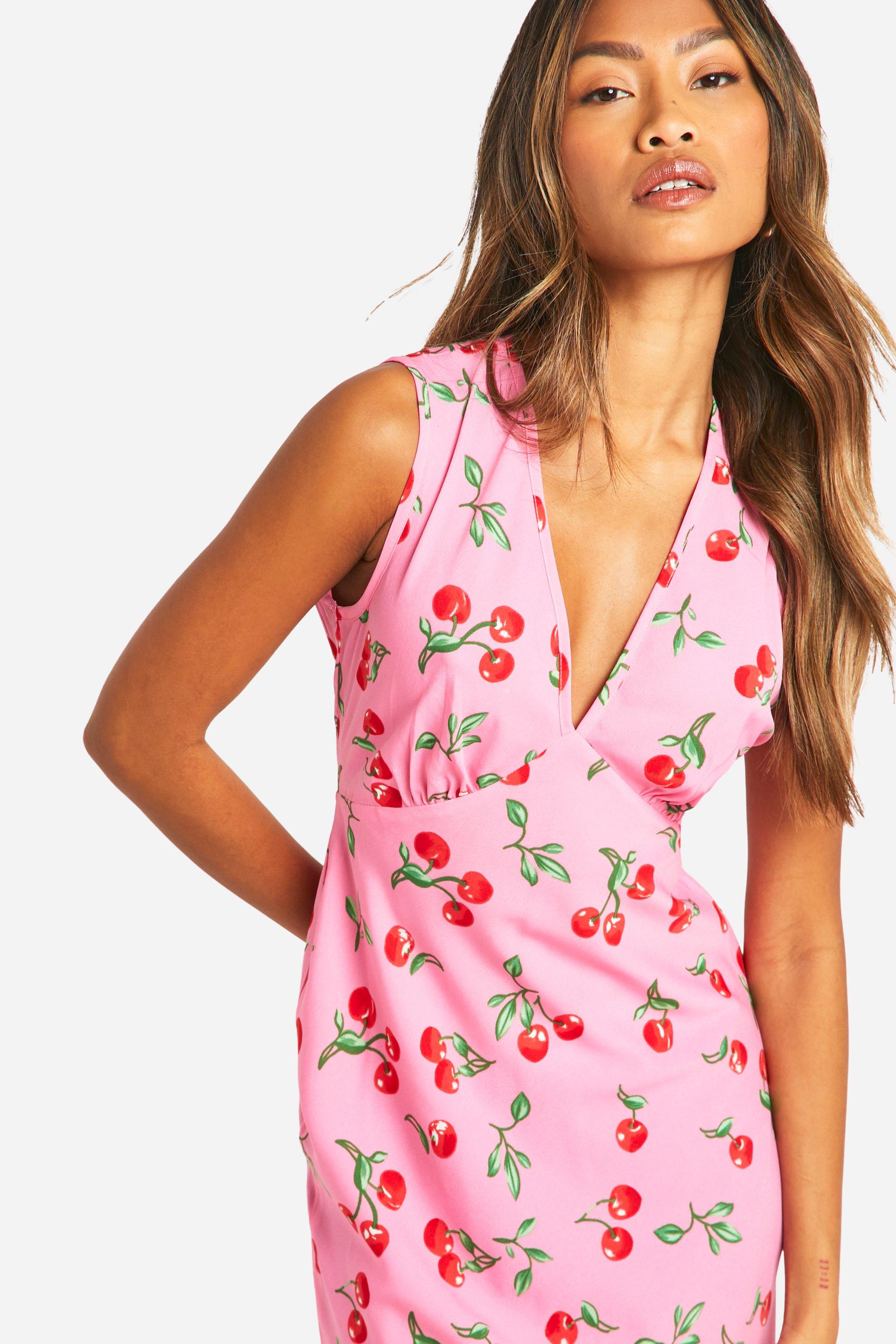 V Neck Cherry Print Maxi Slip Dress