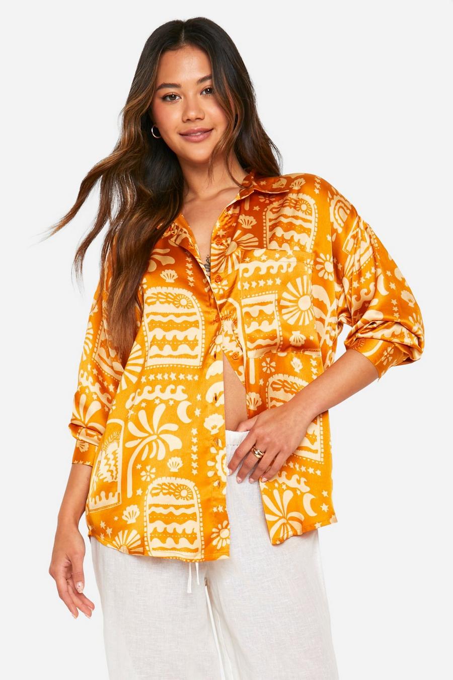 Orange Oversize mönstrad skjorta i satin image number 1