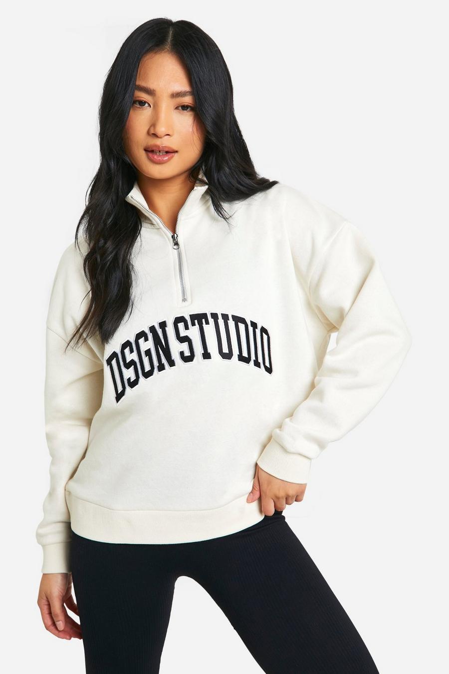 Petite Sweatshirt mit Dsgn Studio Print und halbem Reißverschluss, Stone