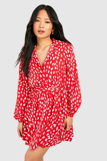 Red Petite Smudge Print Ruffle Woven Wrap Dress