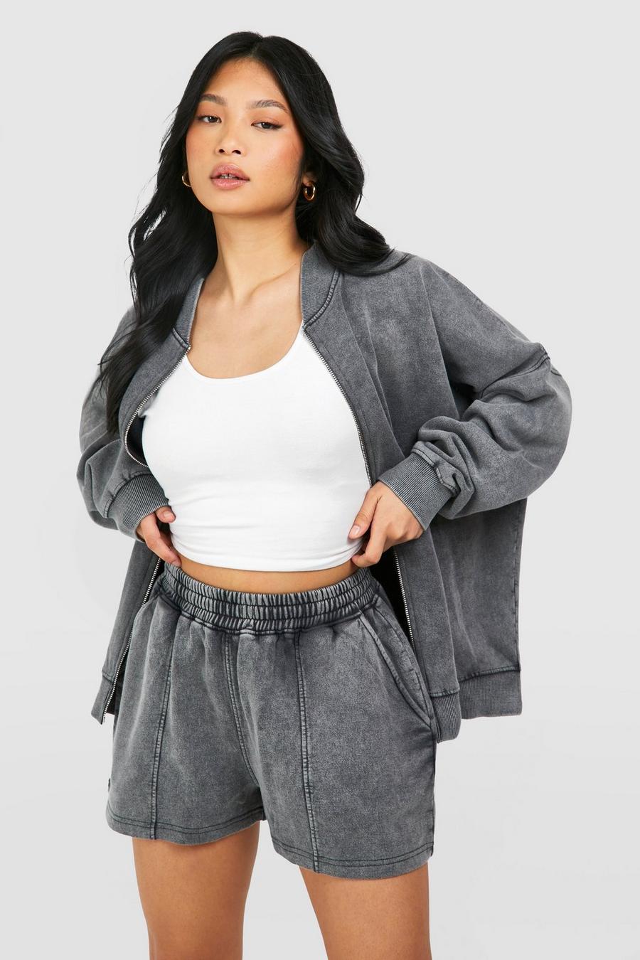 Charcoal Petite Washed Zip Through Bomber Short Tracksuit