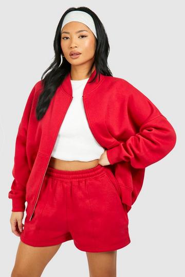 Petite Zip Through Bomber Short Tracksuit red