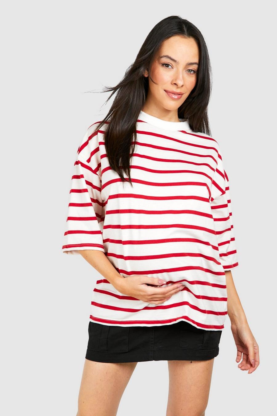 Red Maternity Crew Neck Stripe T-shirt