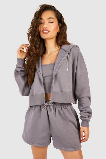 3 Piece Deep Hem Crop Zip Through Short Tracksuit petrol