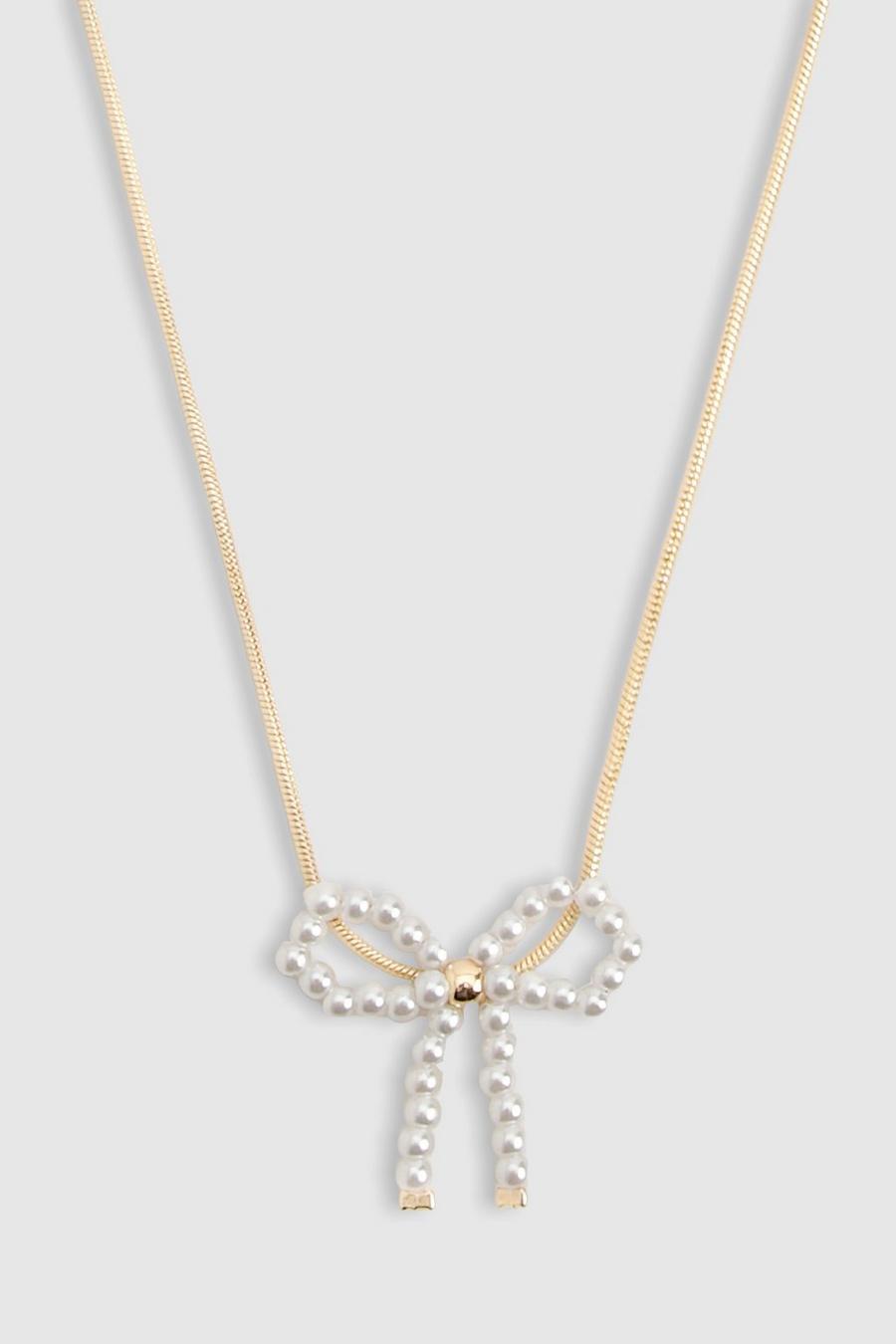 Delicate Gold Pearl Detail Bow Necklace image number 1