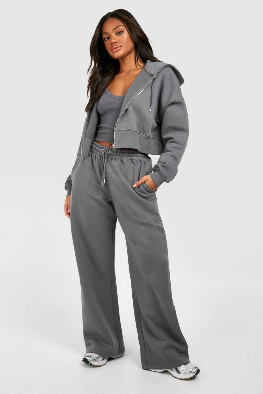 Charcoal Ribbed V Neck Top 3 Piece Hooded Tracksuit image number 1