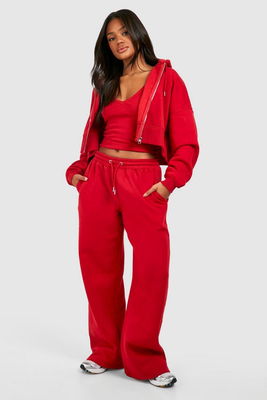 Red Ribbed V Neck Top 3 Piece Hooded Tracksuit image number 1
