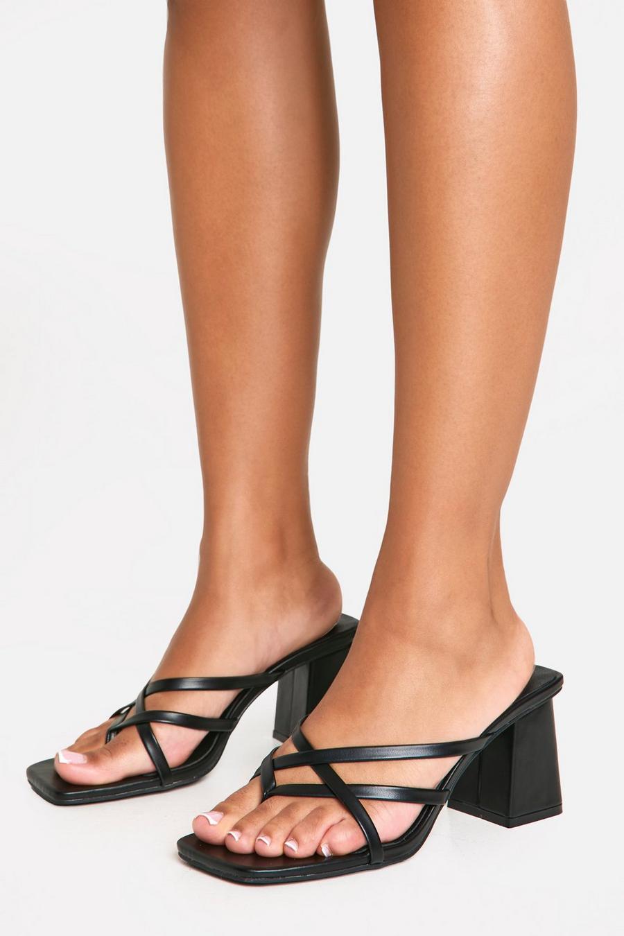 Black Crossover Strap Toe Post Heeled Mules  image number 1