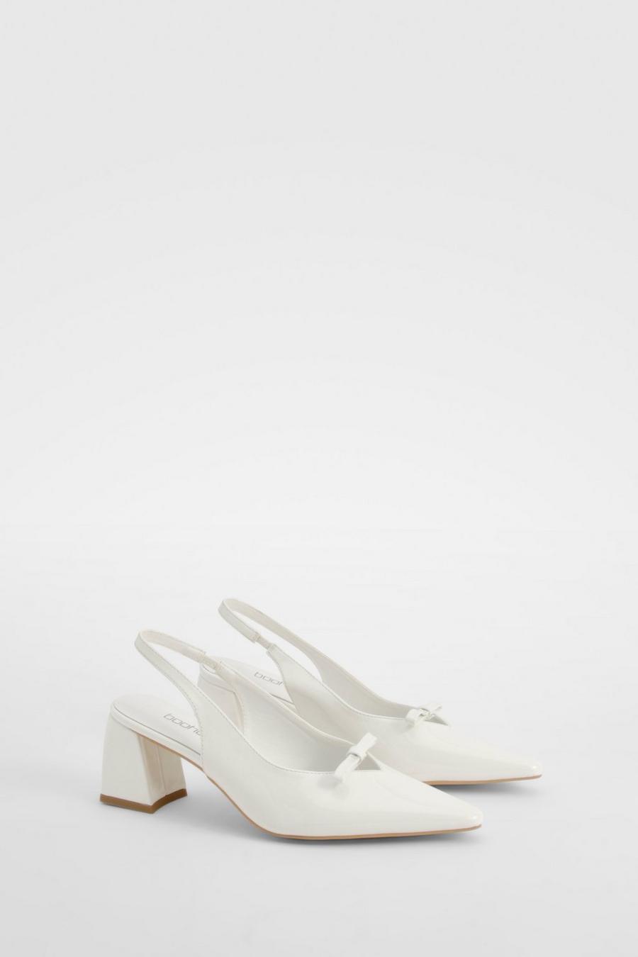 White Bow Detail Block Heel Slingback Court Shoes 