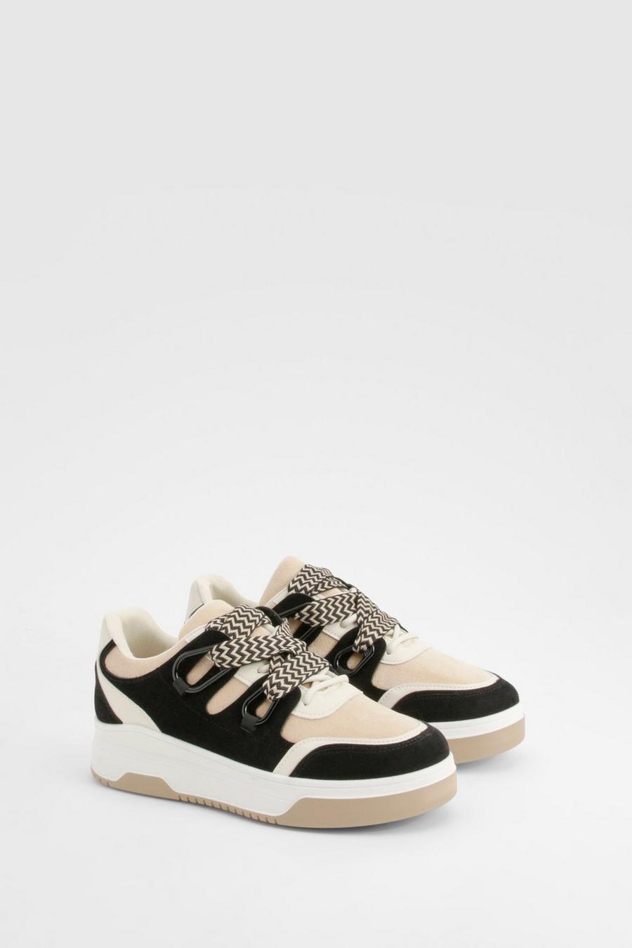 Chunky Contrast Lace Panel Trainers  , Beige