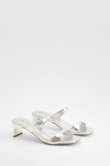 Silver Wide Width Metallic Double Strap Low Heeled Mules