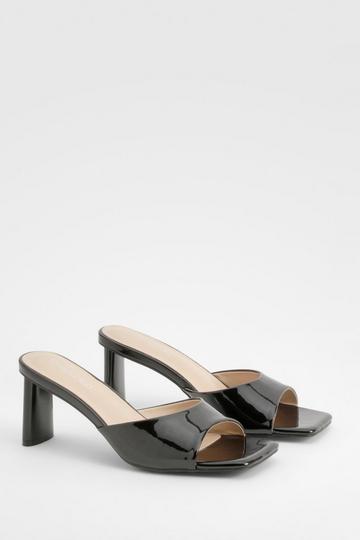 Black Patent Flat Heel Square Toe Heeled Mules