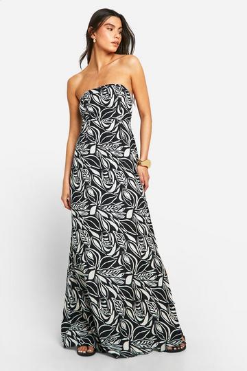 Bandeau Leaf Print Linen Look Maxi Dress black