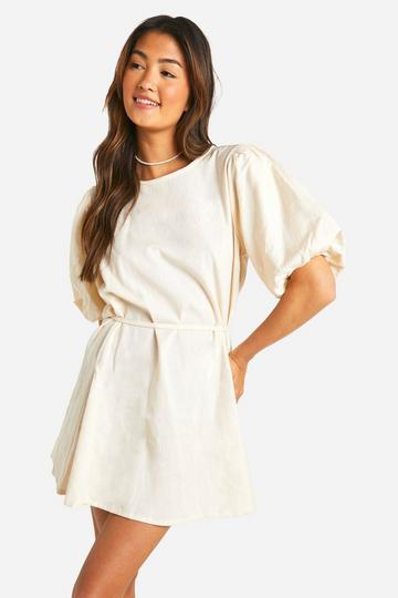 Puff Sleeve Tie Waist Linen Look Smock Dress stone