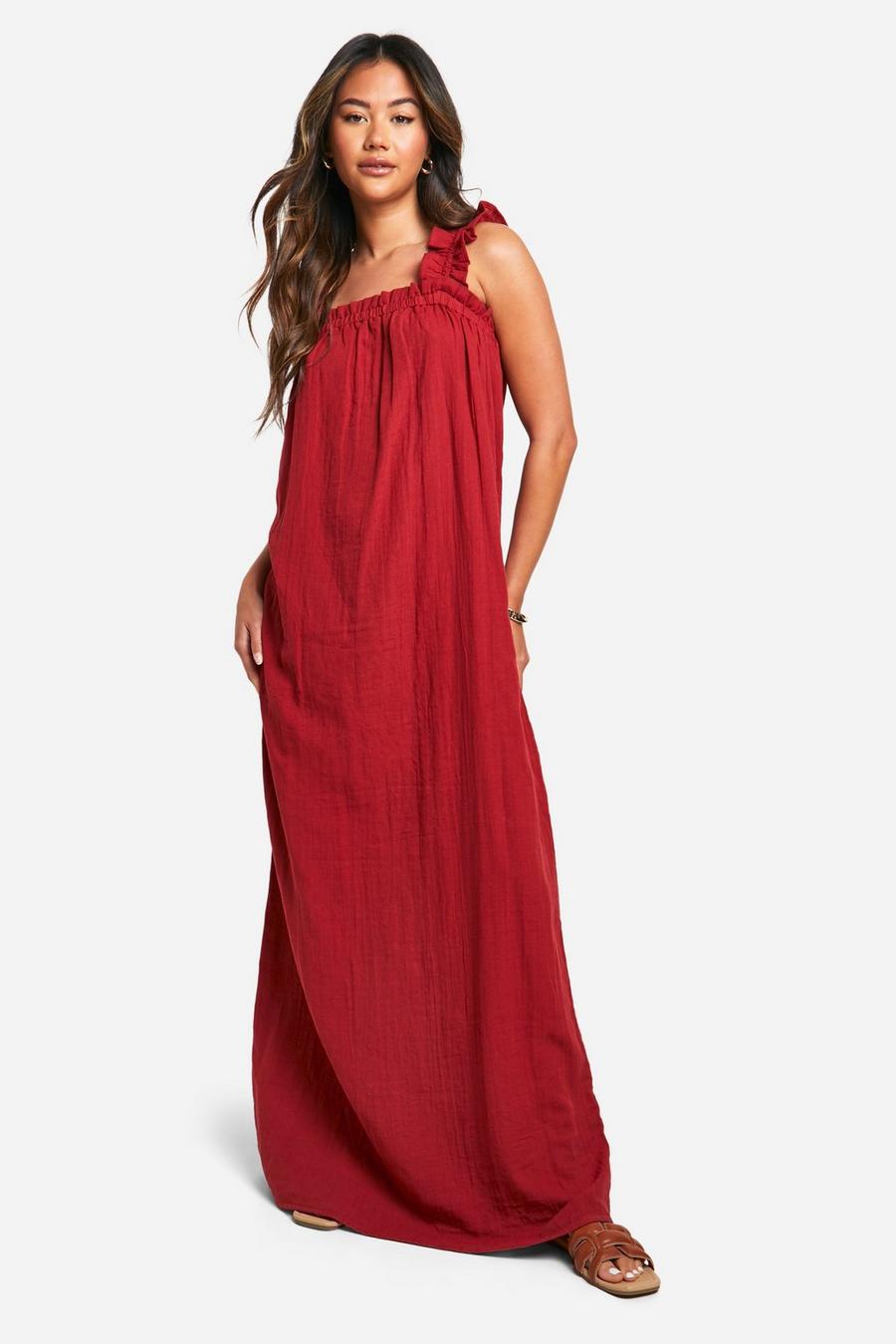 Red Textured Ruffle Strap Maxi Dress image number 1