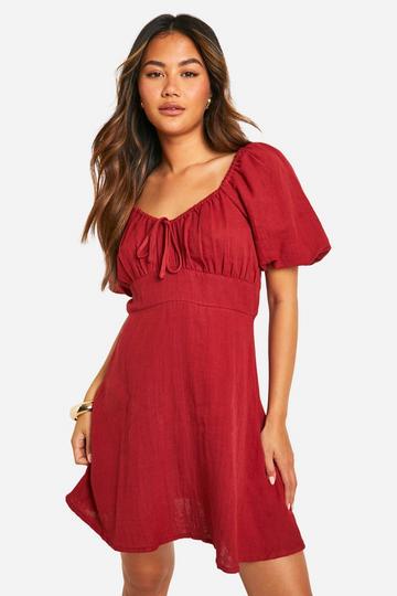 Tie Front Puff Sleeve Cotton Smock Dress red