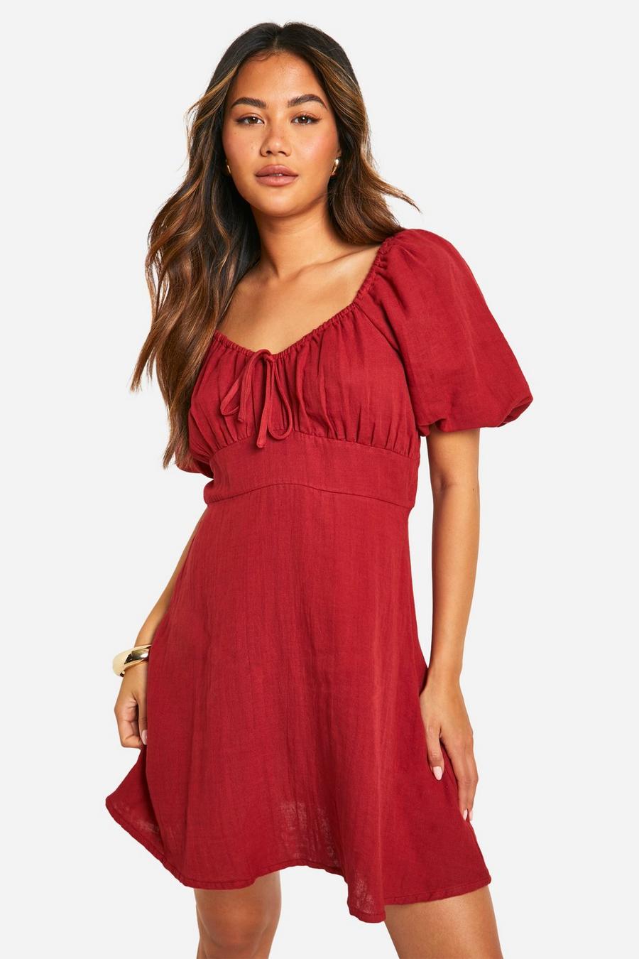 Red Tie Front Puff Sleeve Cotton Smock Dress image number 1