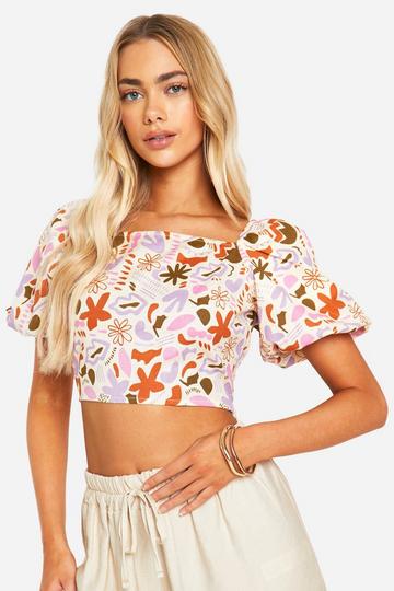 Puff Sleeve Printed Crop Top cream