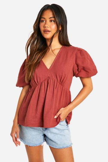 Puff Sleeve Cotton Tie Back Top rose