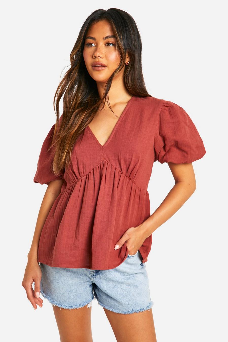 Rose Puff Sleeve Cotton Tie Back Top
