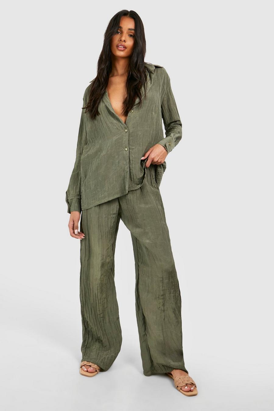 Khaki Tall Woven Textured Wide Leg Pants image number 1