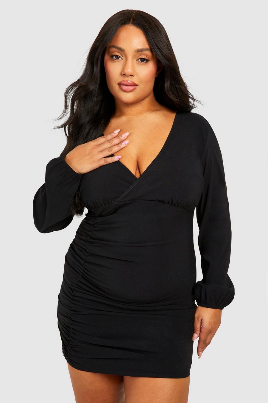 Miniabito Plus Size in bengalina con ruches, Black image number 1