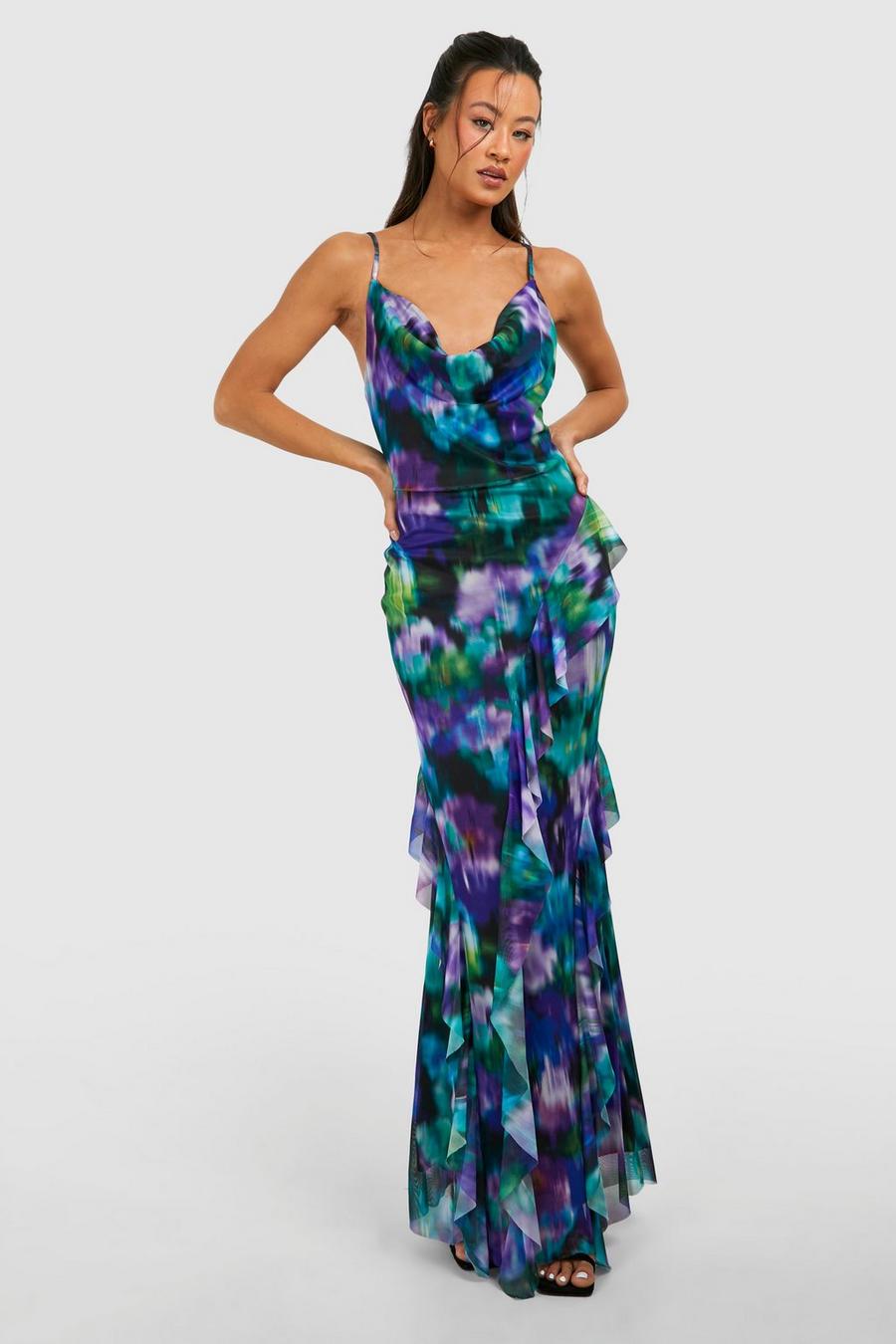 Purple Tall Floral Mesh Ruffle Maxi Dress  image number 1