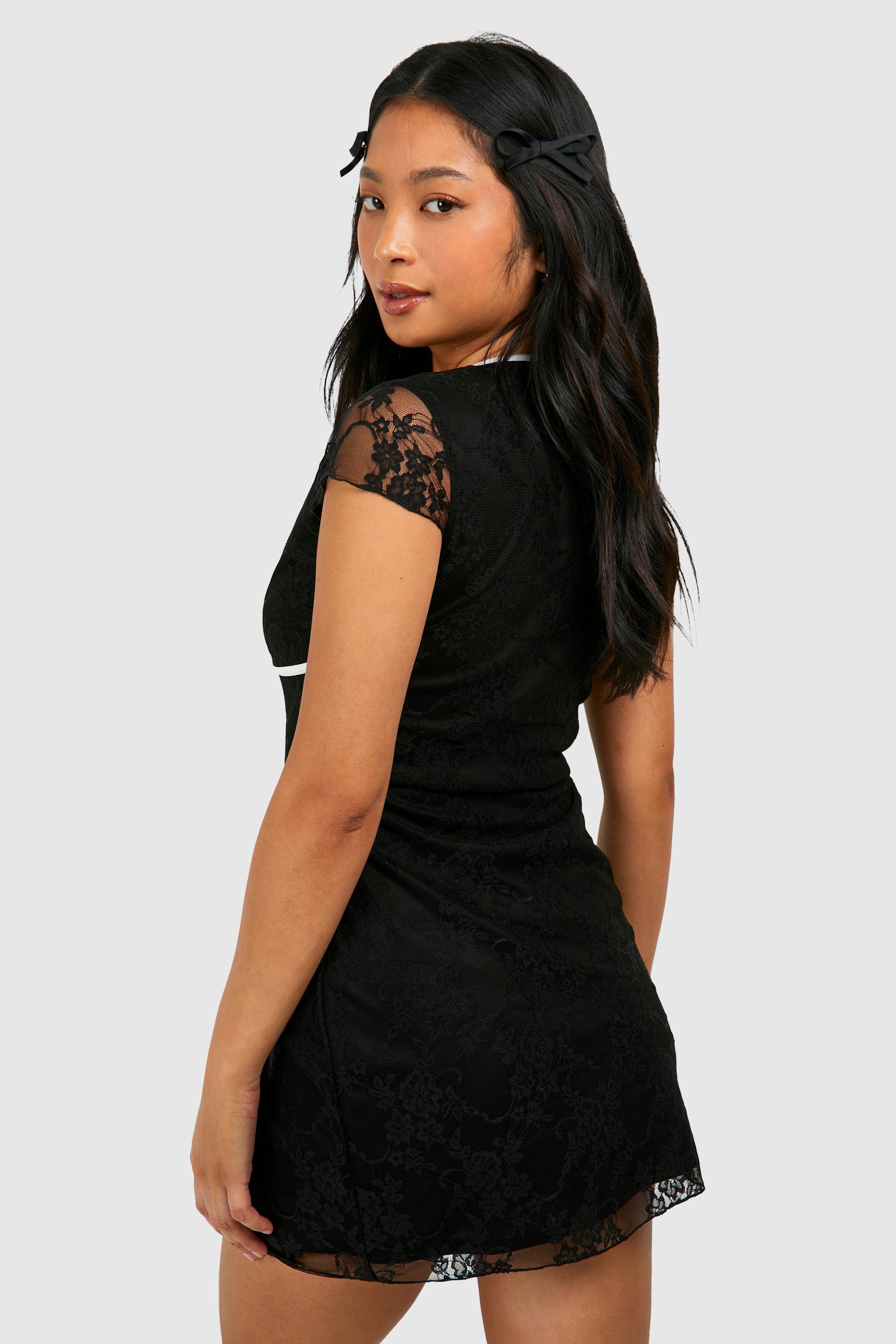 Petite Lace Contrast Bow Trim Shift Dress