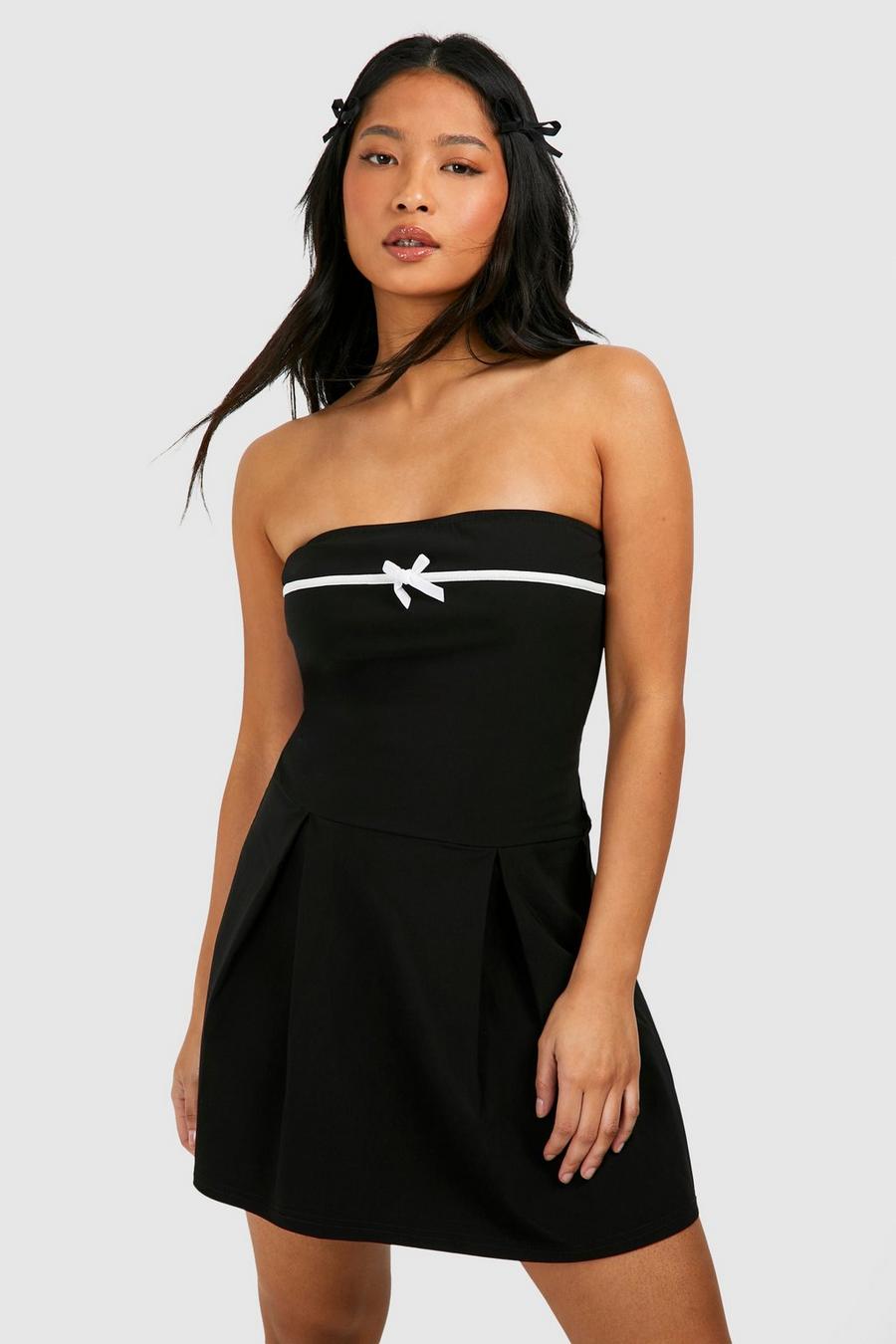 Black Petite Bow Contrast Pleated Bandeau Mini Dress  image number 1