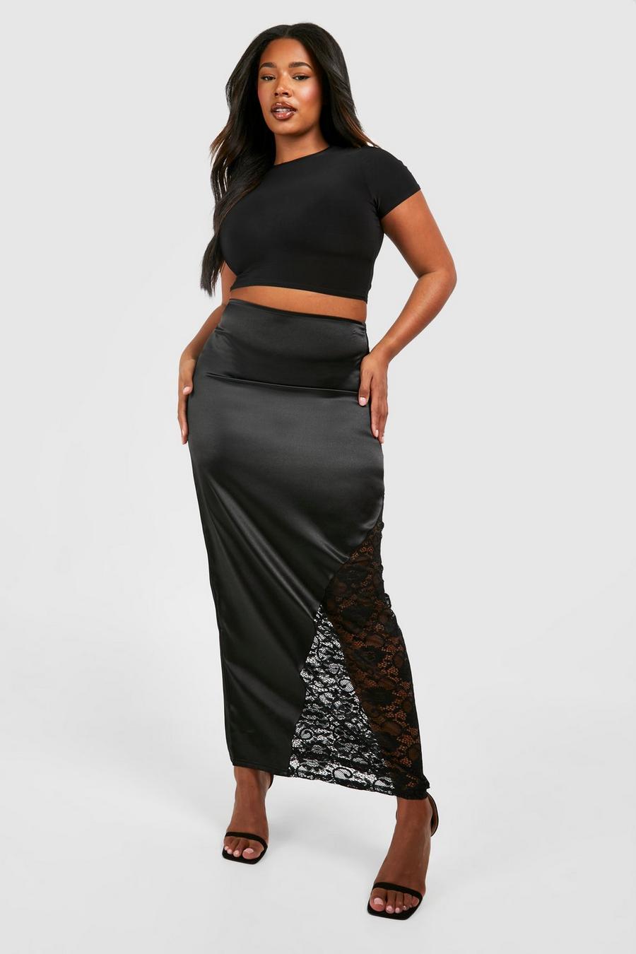 Black Plus Lace Insert Satin Maxi Skirt 