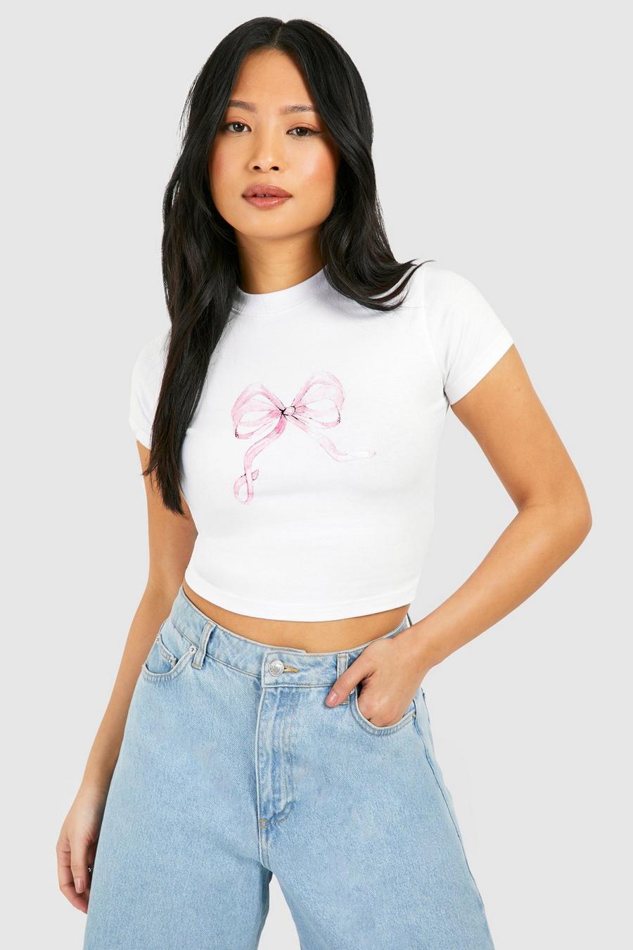 White Petite Bow Print Baby Tee image number 1